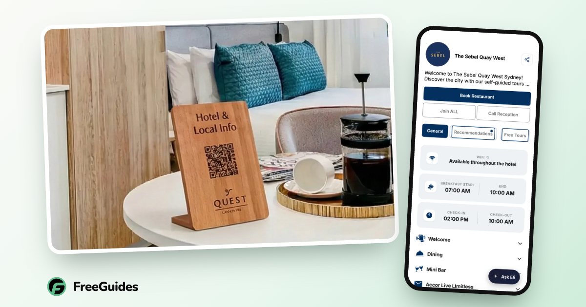 A wooden FreeGuides QR stand in a serviced apartment, beside the compendium it opens on a phone