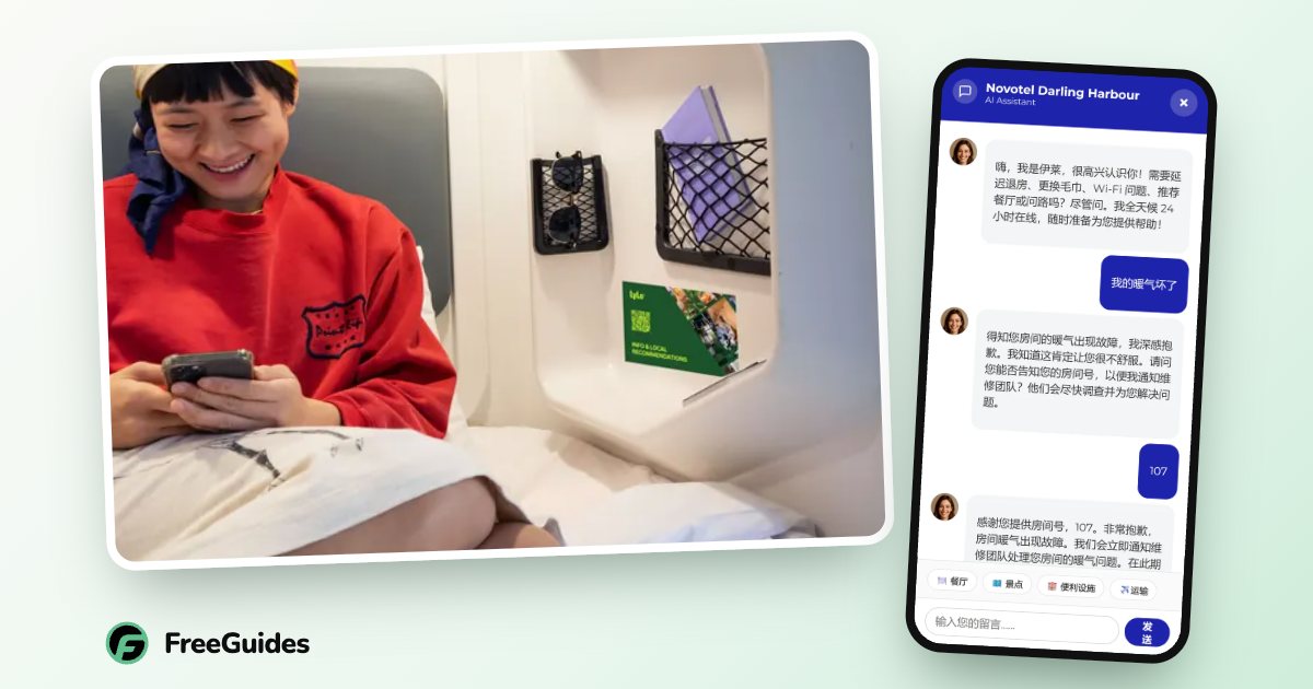 A guest in her room on her phone, beside Eli answering a guest in Chinese