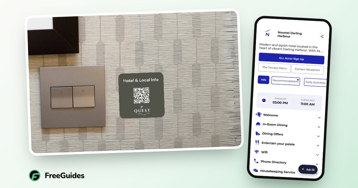 A FreeGuides QR code on a hotel room wall beside the Novotel Sydney on Darling Harbour digital compendium on a phone