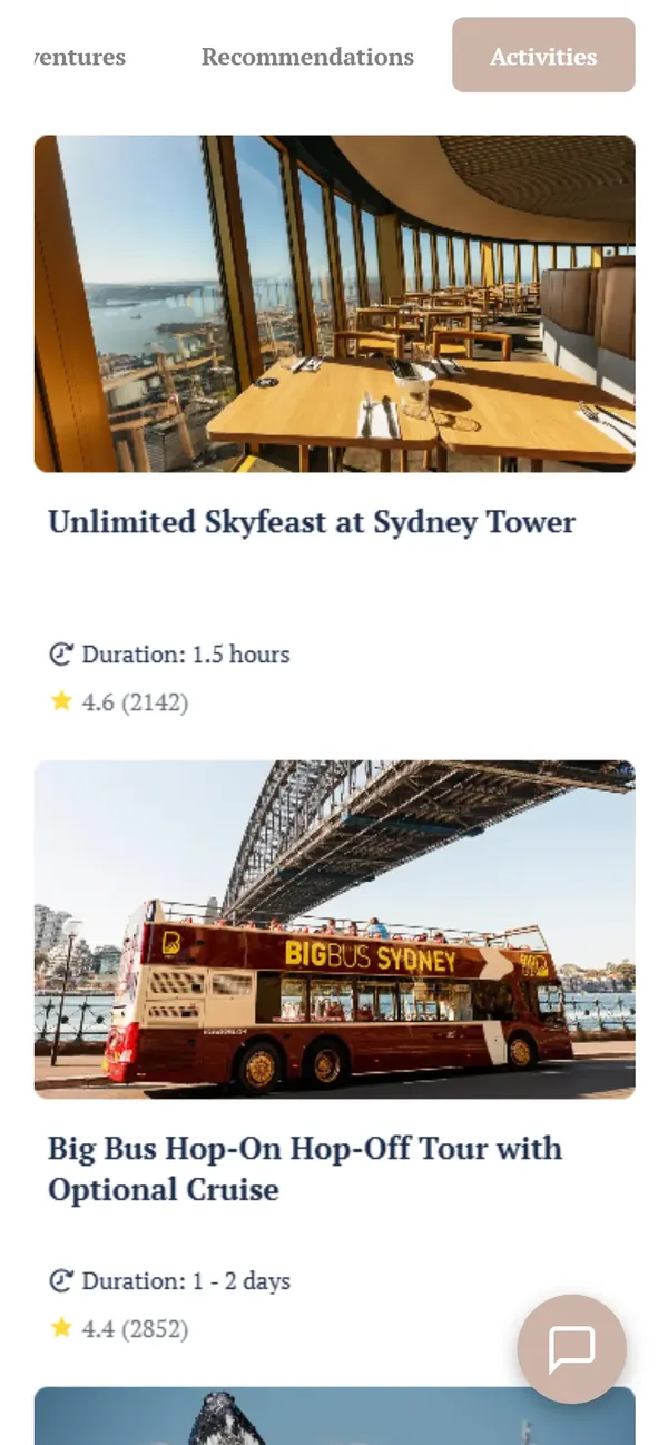 The FreeGuides Activities tab in Sydney, with Sydney Tower and a hop-on hop-off bus tour to book