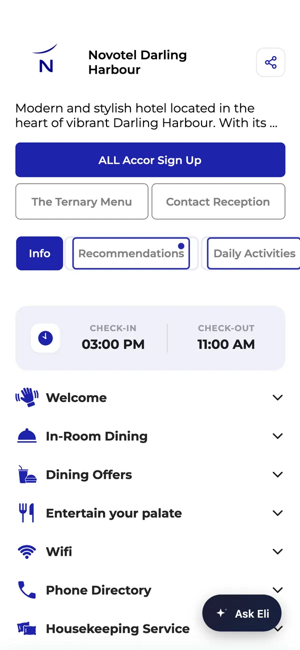 The FreeGuides compendium for Novotel Sydney on Darling Harbour: check-in and check-out times, in-room dining, dining offers and Wi-Fi