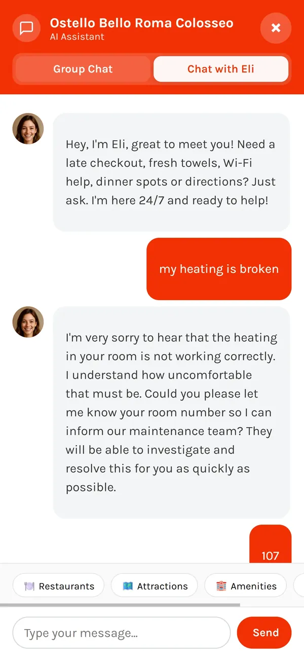 Eli, the AI receptionist at Ostello Bello Roma Colosseo, answering a guest about a broken heater