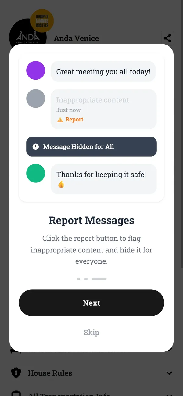The FreeGuides guest group chat explaining Report Messages: a reported message is hidden for everyone