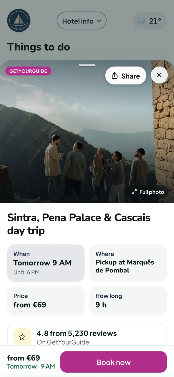 A GetYourGuide day trip to Sintra, Pena Palace and Cascais in the FreeGuides guest profile: from €69, rated 4.8, free cancellation and a Book now button