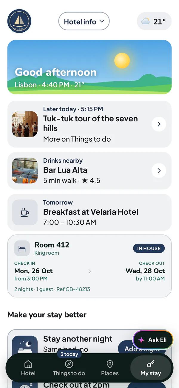 My stay in the FreeGuides guest profile at the demo Velaria Hotel: the guest’s booking for room 412 with check-in and check-out dates, then offers to stay another night or check out at 2pm