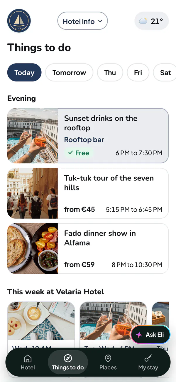 Things to do at the demo Velaria Hotel: a day-by-day strip, the hotel’s free sunset drinks first, then a tuk-tuk tour and a fado dinner show in town this evening